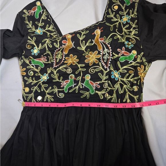 VINTAGE 90s black embroidered boho floral peasant lagenlook midi dress ‎ S - Picture 12 of 13